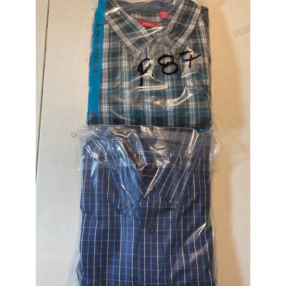 2 Plaid Button Down 2XLT Shirts 1 Izod Green Navy Blue Long‎ Sleeve